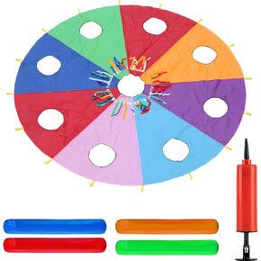 6.5 Ft Youngsters' Play Parachute, 9-Hole Whack A Mole, 4 Air Rods, Inflator Included, Polyester Fabric, For Indoor/Outdoor Groups in Kuwait