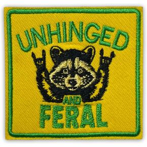 Unhinged and Feral Raccoon Patch 3 Inches Funny Sarcastic Quote Saying Hilarious Gifts Iron On/Sew On Embroidery Fabric Applique Patches for Trucker Hats Clothes Backpack DIY Accessories Friends Gifts in Kuwait