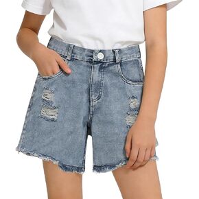 Girls Ripped Jean Shorts 5-14Y, Y2K Vintage Mid Waist Straight Leg Denim Shorts Kids Elastic Waistband Frayed Hem Jeans in Kuwait
