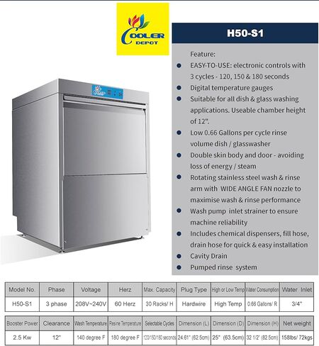 Commercial Dishwasher undercounter high temperature, NSF Certified, 220v, 1or3 phase H50-S1 in Kuwait