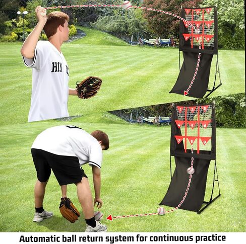 شبكة رمي 9 فتحات من Storgem مع منطقة ضربة، شبكة هدف رمي الكرة اللينة للبيسبول مع إرجاع الكرة تلقائيًا، معدات تدريب إبريق محمولة قابلة للتعديل، حقيبة حمل in Kuwait