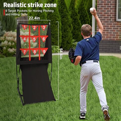 شبكة رمي 9 فتحات من Storgem مع منطقة ضربة، شبكة هدف رمي الكرة اللينة للبيسبول مع إرجاع الكرة تلقائيًا، معدات تدريب إبريق محمولة قابلة للتعديل، حقيبة حمل in Kuwait