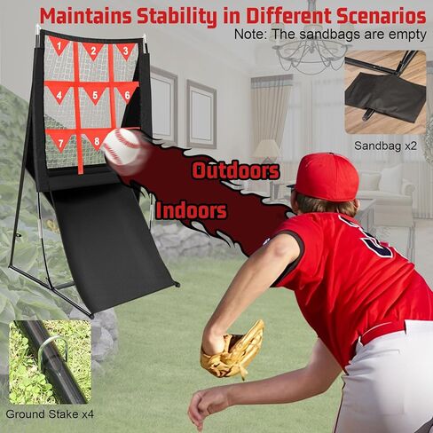 شبكة رمي 9 فتحات من Storgem مع منطقة ضربة، شبكة هدف رمي الكرة اللينة للبيسبول مع إرجاع الكرة تلقائيًا، معدات تدريب إبريق محمولة قابلة للتعديل، حقيبة حمل in Kuwait
