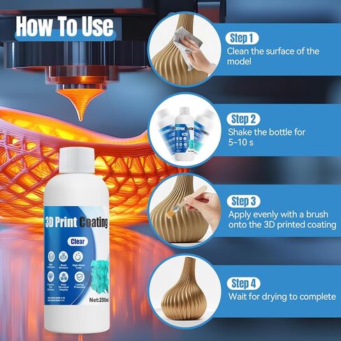 3D Print Coating, Seals Fibers & Blocks Moisture, High-Gloss Look, Preserve Part Stiffness Suit for FDM & Fiber 3D Prints (Nylon//PPA/PET/PETG), Clear, 200ml in Kuwait