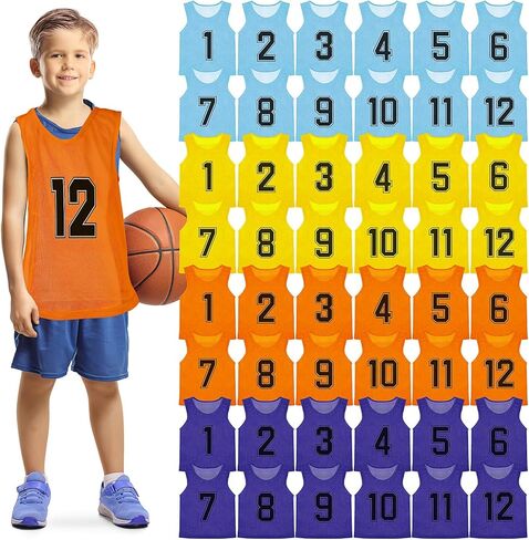 48Pcs Team Sports Pinnies Youth Scrimmage Vest Soccer Training Vest Mesh Numbered Football Jersey for Kids Youth (4 Colors) in Kuwait