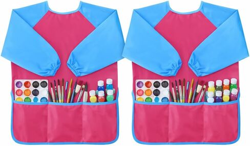 أطفال يرسمون ساحة 2 حزمة ، طفل عازف بالماء ، Smock Smock ، Artist Smock للأطفال من سن 2-8 مع الأكمام الطويلة و 3 جيوب in Kuwait