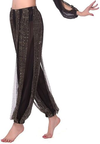 Women's Belly Dance Pants Side Split Sequin Shiny Harem Arabian Dancing Performance Trousers in Saudi Arabia