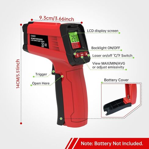 مسدس ميزان حرارة رقمي بالأشعة تحت الحمراء للطهي، الشواء، فرن البيتزا، ميزان حرارة ليزر بالأشعة تحت الحمراء مع إضاءة خلفية، -58 درجة فهرنهايت ~ 1022 درجة فهرنهايت (-50 درجة مئوية ~ 550 درجة مئوية) مسدس درجة حرارة ليزر حراري غير ملامس محمول باليد (ليس للإنس in Kuwait