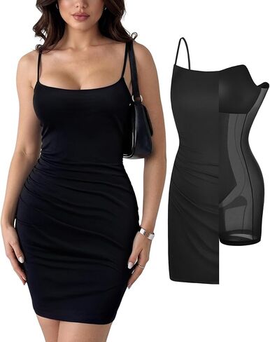 Popilush Leopard Print Dress with Built in Shapewear Spaghetti Strap Mini Dresses Mesh Ruched Bodycon Summer Splash in Kuwait