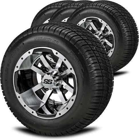 RM Cart - 10" Maltese Cross Black/Machined on 205/50-10 Deli Tires (Set of 4), Golf Cart Tires and Wheels Combo, Durable and Fits Metric Lug Nuts in Kuwait