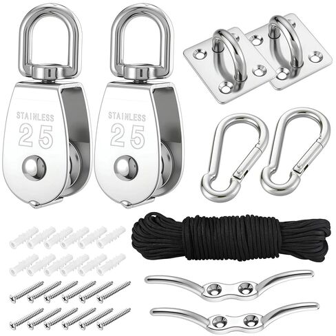 Mornajina 2 Sets M25 Cable Pulley System for Lifting Hanging, Including Heavy Duty Stainless Steel Single Pulley Block with 66FT Nylon Rope, Snap Hooks, Eye Pad Plate, Rope Cleat Hook, Loading 330lb in Kuwait