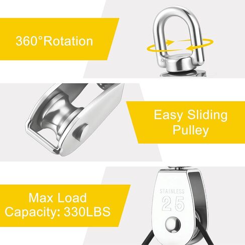 Mornajina 2 Sets M25 Cable Pulley System for Lifting Hanging, Including Heavy Duty Stainless Steel Single Pulley Block with 66FT Nylon Rope, Snap Hooks, Eye Pad Plate, Rope Cleat Hook, Loading 330lb in Saudi Arabia