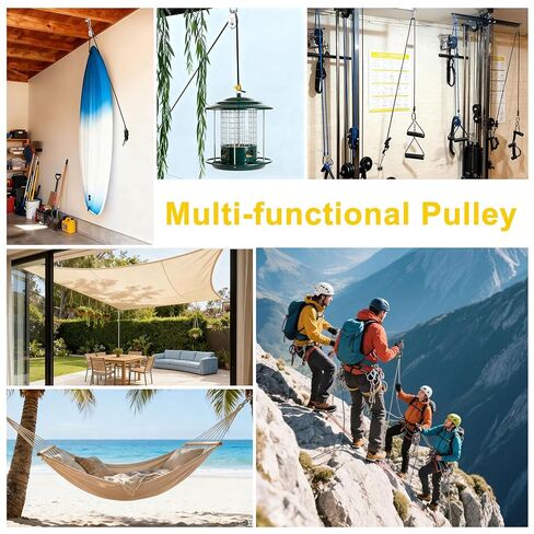 Mornajina 2 Sets M25 Cable Pulley System for Lifting Hanging, Including Heavy Duty Stainless Steel Single Pulley Block with 66FT Nylon Rope, Snap Hooks, Eye Pad Plate, Rope Cleat Hook, Loading 330lb in Saudi Arabia