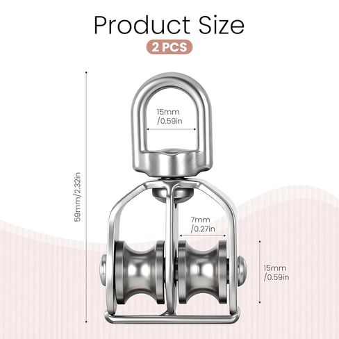 2 Pack M15 Double Sheave Pulley Block, 304 Stainless Steel Lifting Crane Swivel Hook Wire Rope Hanging Wire Towing Wheel in Kuwait