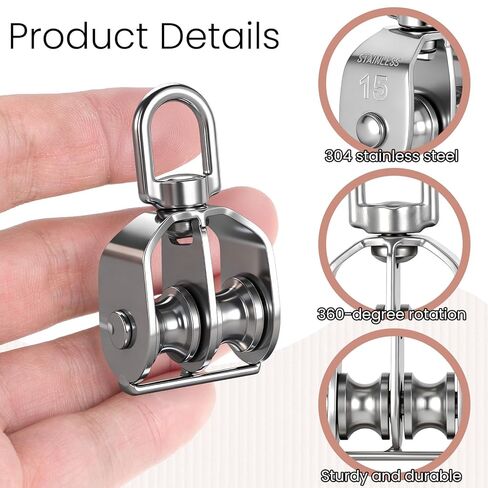 2 Pack M15 Double Sheave Pulley Block, 304 Stainless Steel Lifting Crane Swivel Hook Wire Rope Hanging Wire Towing Wheel in Kuwait
