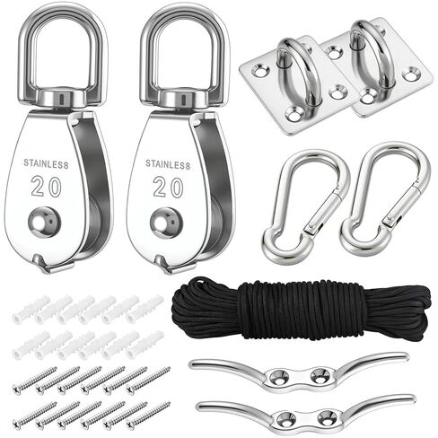 Mornajina 2 Sets M25 Cable Pulley System for Lifting Hanging, Including Heavy Duty Stainless Steel Single Pulley Block with 66FT Nylon Rope, Snap Hooks, Eye Pad Plate, Rope Cleat Hook, Loading 330lb in Saudi Arabia