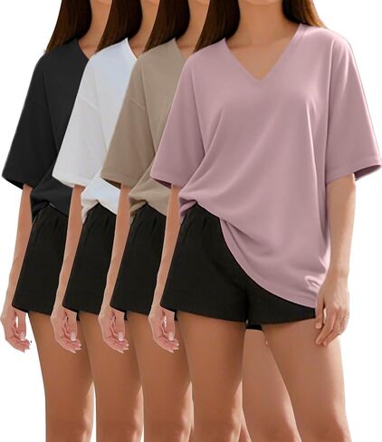 1/4 Pack Oversized TShirts for Women, Short Sleeve Drop shoulders Plus Size Baggy Dry Fit T Shirts Tops Tees in Kuwait