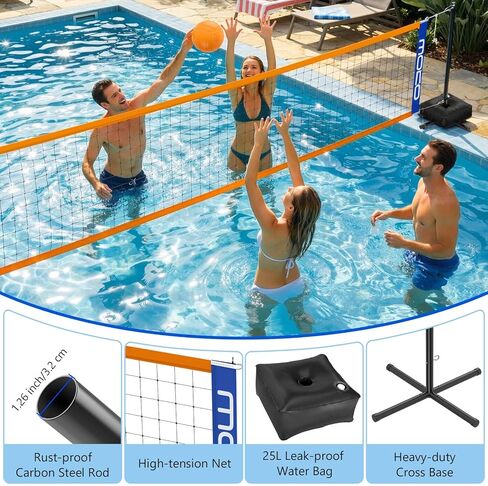 MoKo Pool Volleyball Net, Swimming Pool Volleyballs Set with Adjustable Length 15-25FT, Water Volleyball Stand with Two 25L Dual Water Bags, Pool Games for Adults and Family Members, Orange+Blue in Saudi Arabia