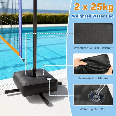 MoKo Pool Volleyball Net, Swimming Pool Volleyballs Set with Adjustable Length 15-25FT, Water Volleyball Stand with Two 25L Dual Water Bags, Pool Games for Adults and Family Members, Orange+Blue in Saudi Arabia