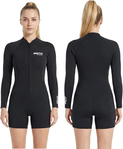 MWTA 2.0mm Neoprene Women Wetsuit Front Zip Long Sleeve Short Leg Spring Suit for UV Protection Surfing Snorkeling Kayaking etc Water Activities in Saudi Arabia