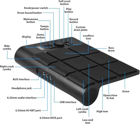 مجموعة طبلة الطاولة الإلكترونية مع مكبري صوت و9 منصات وإضاءة ملونة تدعم اتصال BT MIDI الصوتي المتنوع وشاشة LCD وحساسية قابلة للتعديل وممارسة وسادات طبلة كهربائية مع دواسة قدم لأعواد الطبول in Kuwait