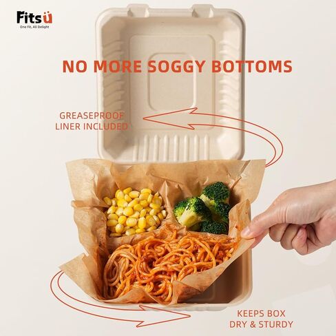 Compostable Clamshell Take Out Food Containers, 3-Compartment To Go Boxes for Food with Greaseproof Paper & Tamper Stickers - Heavy Duty, Microwave Safe (24, 8 Inch) in Saudi Arabia