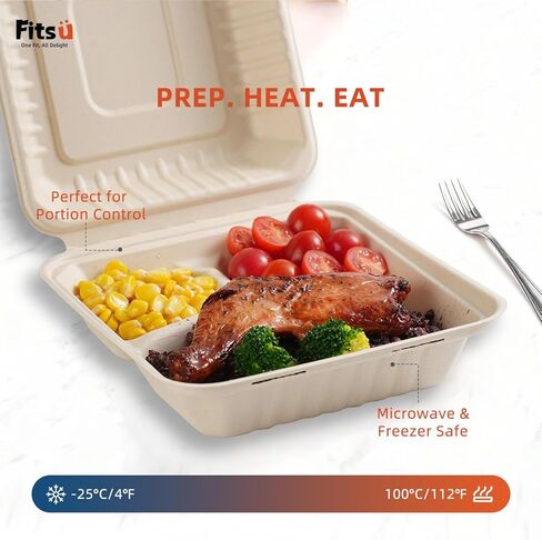 Compostable Clamshell Take Out Food Containers, 3-Compartment To Go Boxes for Food with Greaseproof Paper & Tamper Stickers - Heavy Duty, Microwave Safe (24, 8 Inch) in Saudi Arabia