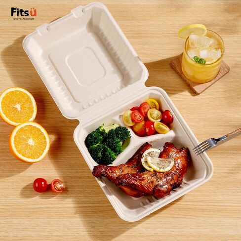 Compostable Clamshell Take Out Food Containers, 3-Compartment To Go Boxes for Food with Greaseproof Paper & Tamper Stickers - Heavy Duty, Microwave Safe (24, 8 Inch) in Saudi Arabia