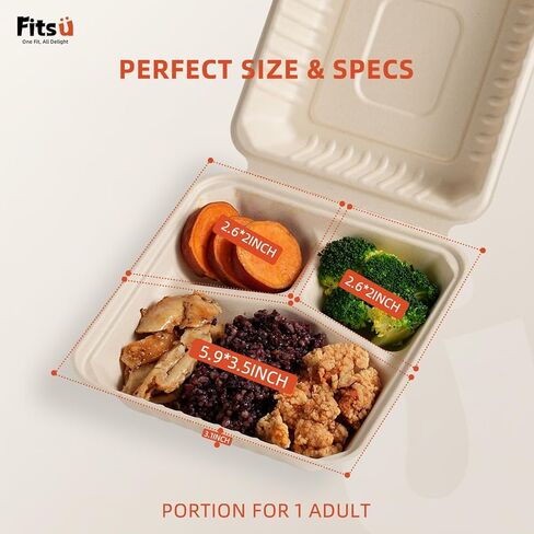 Compostable Clamshell Take Out Food Containers, 3-Compartment To Go Boxes for Food with Greaseproof Paper & Tamper Stickers - Heavy Duty, Microwave Safe (24, 8 Inch) in Saudi Arabia