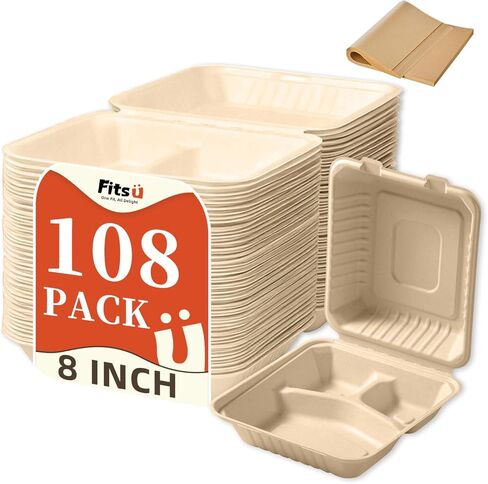 Compostable Clamshell Take Out Food Containers, 3-Compartment To Go Boxes for Food with Greaseproof Paper & Tamper Stickers - Heavy Duty, Microwave Safe (24, 8 Inch) in Saudi Arabia