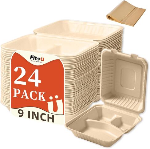Compostable Clamshell Take Out Food Containers, 3-Compartment To Go Boxes for Food with Greaseproof Paper & Tamper Stickers - Heavy Duty, Microwave Safe (24, 8 Inch) in Saudi Arabia