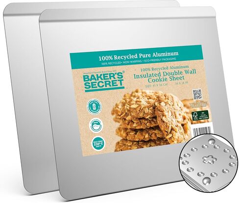 Baker's Secret 2pcs Pure Aluminum Insulated Cookie Sheet Commercial Grade, Baking Tray for Oven 100% Recycled Cookie Sheet Extra Thick - The Natural Collection in Saudi Arabia