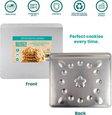 Baker's Secret 2pcs Pure Aluminum Insulated Cookie Sheet Commercial Grade, Baking Tray for Oven 100% Recycled Cookie Sheet Extra Thick - The Natural Collection in Saudi Arabia