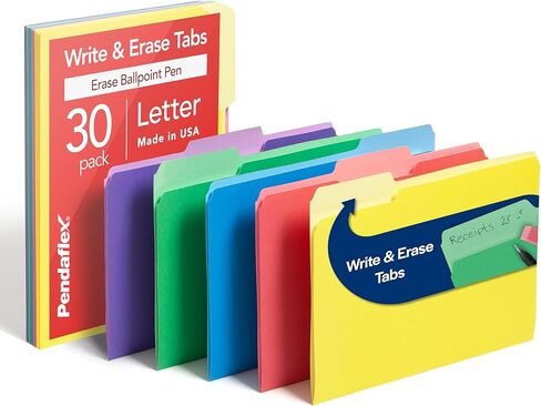 Pendaflex 84370 File Folders with Erasable Tabs, 1/3 Cut Top Tab, Letter, Assorted (Pack of 30) in Kuwait