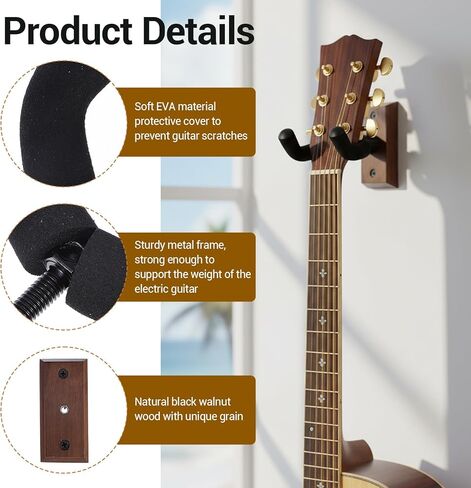 4 Pack Guitar Wall Mount, Black Walnut Wood Guitar Hanger U-Shaped Wall Hanger Mount with Rotatable Soft Guitars Hook for Acoustic Guitars Bass, Easy to Install, Gift for Guitarplayer in Saudi Arabia