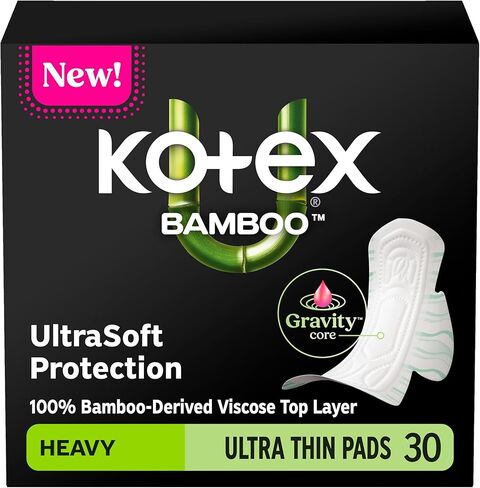 Kotex Bamboo Ultra Thin Pads with Wings, Heavy Absorbency, 30 Count (Packaging May Vary) in Kuwait