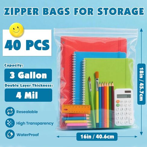 40 Pack Large 3 Gallon Storage Bags with Zipper Top, 16 x 18 inch Zipper Bags, Clear Plastic Bag for Storage, Reusable, Sealable Storage Bag for Clothes, Travel & Moving, Double-sided Thickness 4 Mil in Saudi Arabia