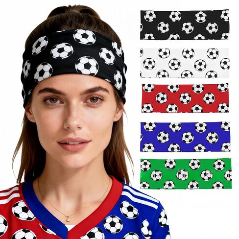 Soccer Headbands 5-Pack, Elastic Sports Sweatbands with Football Print Pattern, Wide Breathable Athletic Head Wraps for Men and Women, Red Black Blue White Colors in Saudi Arabia