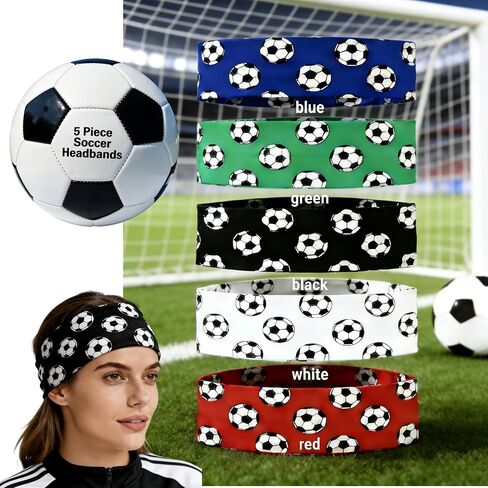 Soccer Headbands 5-Pack, Elastic Sports Sweatbands with Football Print Pattern, Wide Breathable Athletic Head Wraps for Men and Women, Red Black Blue White Colors in Saudi Arabia