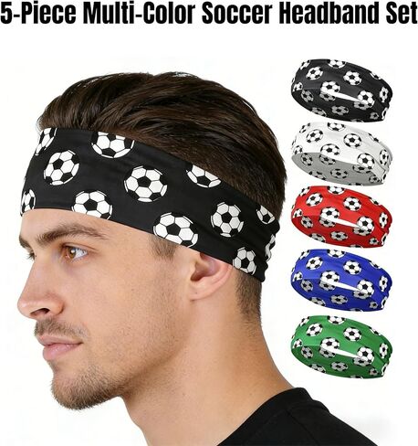 Soccer Headbands 5-Pack, Elastic Sports Sweatbands with Football Print Pattern, Wide Breathable Athletic Head Wraps for Men and Women, Red Black Blue White Colors in Saudi Arabia
