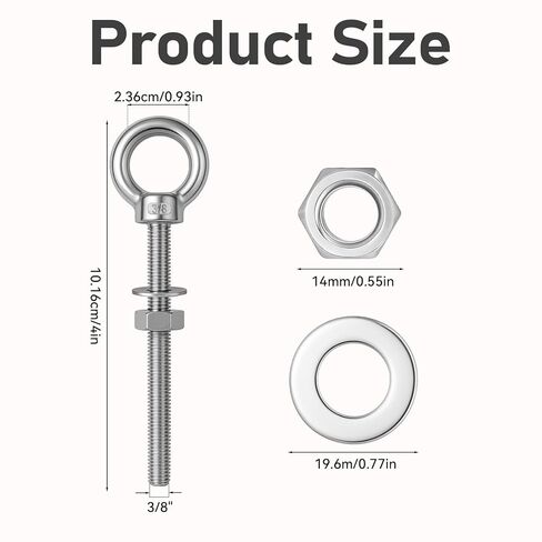 6 عبوات من مسامير العين، بطول 3/8 بوصة × 4 بوصة، مسمار عين من الفولاذ المقاوم للصدأ مع كتف، حلقة رفع للكتف شديدة التحمل، مسامير ذات عيون ملولبة مع غسالات صواميل للأماكن الخارجية والداخلية in Kuwait