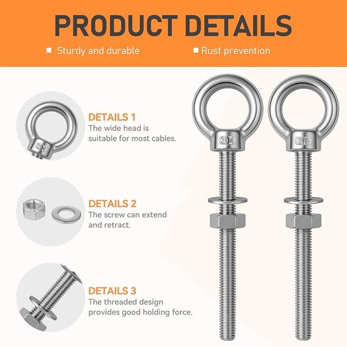6 عبوات من مسامير العين، بطول 3/8 بوصة × 4 بوصة، مسمار عين من الفولاذ المقاوم للصدأ مع كتف، حلقة رفع للكتف شديدة التحمل، مسامير ذات عيون ملولبة مع غسالات صواميل للأماكن الخارجية والداخلية in Kuwait