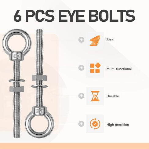 6 عبوات من مسامير العين، بطول 3/8 بوصة × 4 بوصة، مسمار عين من الفولاذ المقاوم للصدأ مع كتف، حلقة رفع للكتف شديدة التحمل، مسامير ذات عيون ملولبة مع غسالات صواميل للأماكن الخارجية والداخلية in Kuwait