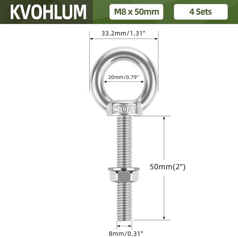 4 Pack M6 x 25mm Stainless Steel Eye Bolts with Nuts & Washers, Lifting Ring Threaded Eyebolt Kit for Swing Board Furniture and DIY (1/4" x 1 inch) in Kuwait