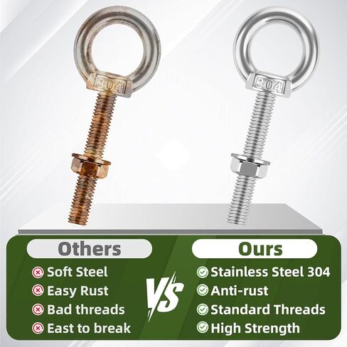 4 Pack M6 x 25mm Stainless Steel Eye Bolts with Nuts & Washers, Lifting Ring Threaded Eyebolt Kit for Swing Board Furniture and DIY (1/4" x 1 inch) in Kuwait