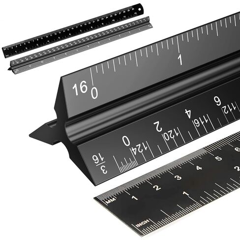2PCS Architectural Scale Ruler, 12" Aluminum Architect Scale, Triangular Scale, Scale Ruler, Triangle Ruler, Drafting Ruler, Architect Ruler, Metal Scale Ruler, Architecture Ruler(Black) in Kuwait