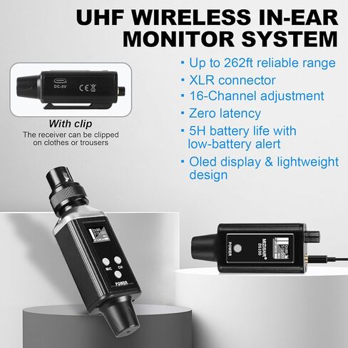 Wireless In Ear Monitor System, Professional UHF Metal Wireless IEM System, 16 Adjustable Channel, Portable Rechargeable Transmitter and bodypack Receiver for Studio, Band Rehearsal, Live Performance in Kuwait