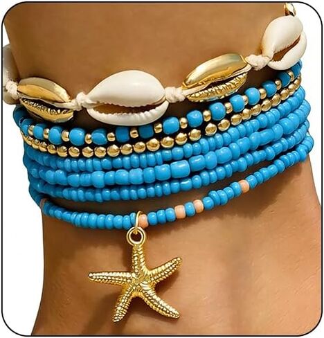 7 Pack Boho Beaded Shell Anclet Bracelets for Women Colorful Stretch Cowrie Sishell Starfish Canle Stack Stack Stack Accessories Summer Summer Beach Excesssories Cute Hawaiian Jewelry in Saudi Arabia