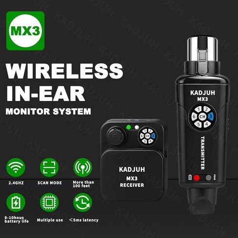 MX3 Wireless in Ear Monitor System 2.4ghz Stereo IEM System Transmitter and bodypack Receiver for Studio, Band Rehearsal, Live Performance, Channel Scan Mode in Kuwait