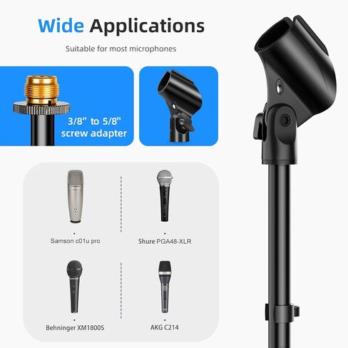 حامل ميكروفون على الأرض، ارتفاع قابل للتعديل من 39 بوصة إلى 66 بوصة، مشبك ميكروفون قابل للدوران 180 درجة، قاعدة دائرية متينة، حامل ذراع ميكروفون للمرحلة، الاستوديوهات، الأطفال in Kuwait